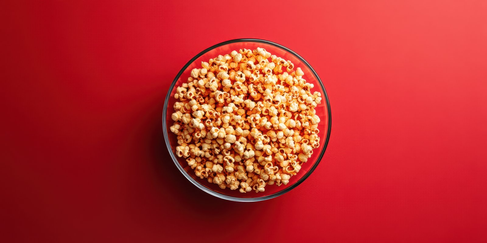 Crunchy popcorn in a clear bowl sits against a vibrant red background, perfect for movie nights or snack time